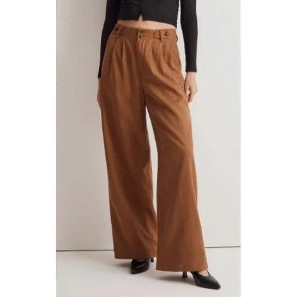 Madewell Harlow Wide Leg Pleated Trousers Brown Linen Blend Size 4 High Rise - Picture 1 of 9